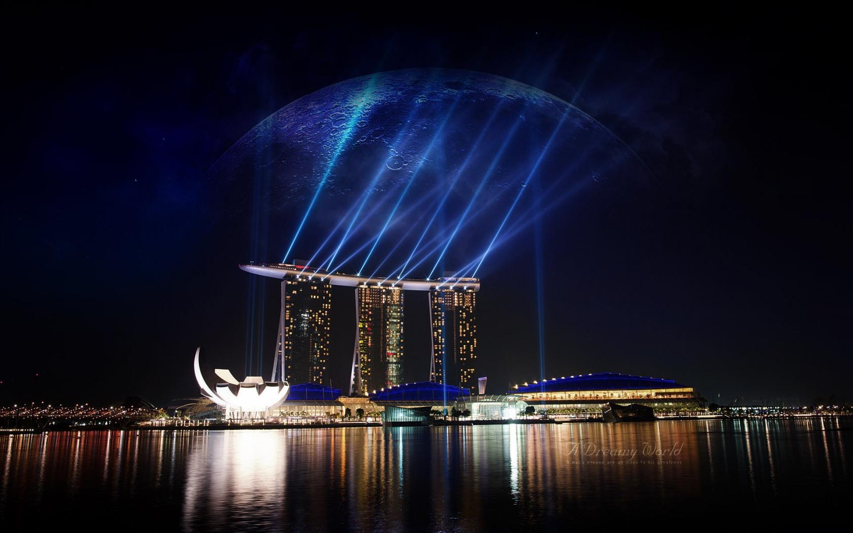 Отель-корабль в Сингапуре ночью обои рабочий стол Города